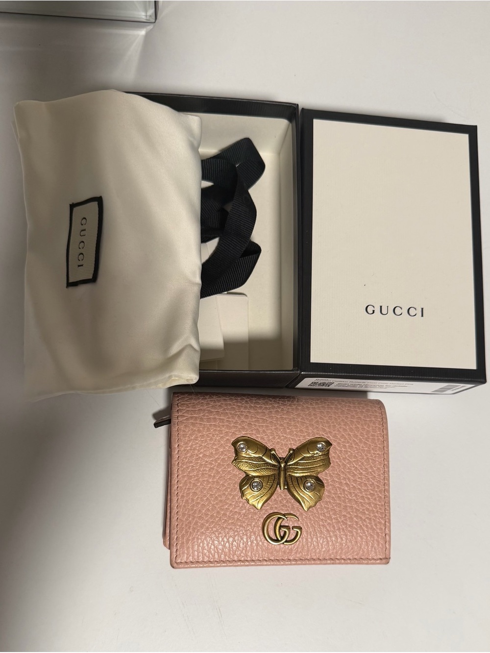 Gucci Pink Leather Wallet with Gold Butterfly and GG Emblem